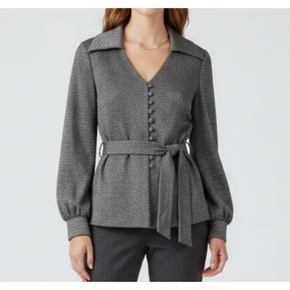 VTG Butte Knit Button-Up Top Jacket Shirt SILVER SPARKLE BLACK Belt Big Collar M
